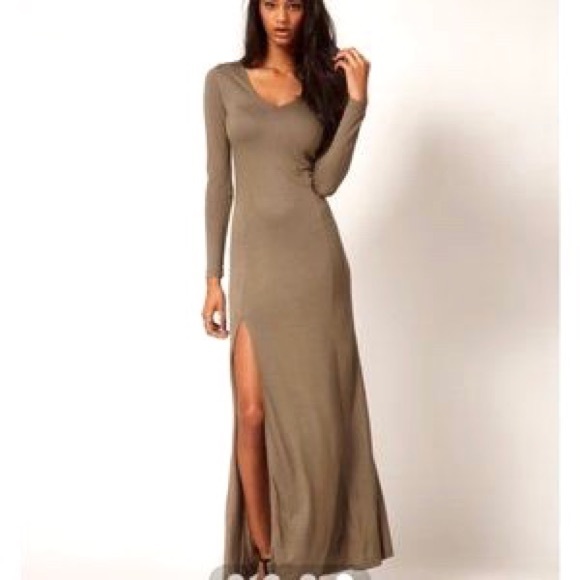 ASOS Petite Long Sleeved Olive Maxi Dress w Slit - Picture 9 of 10